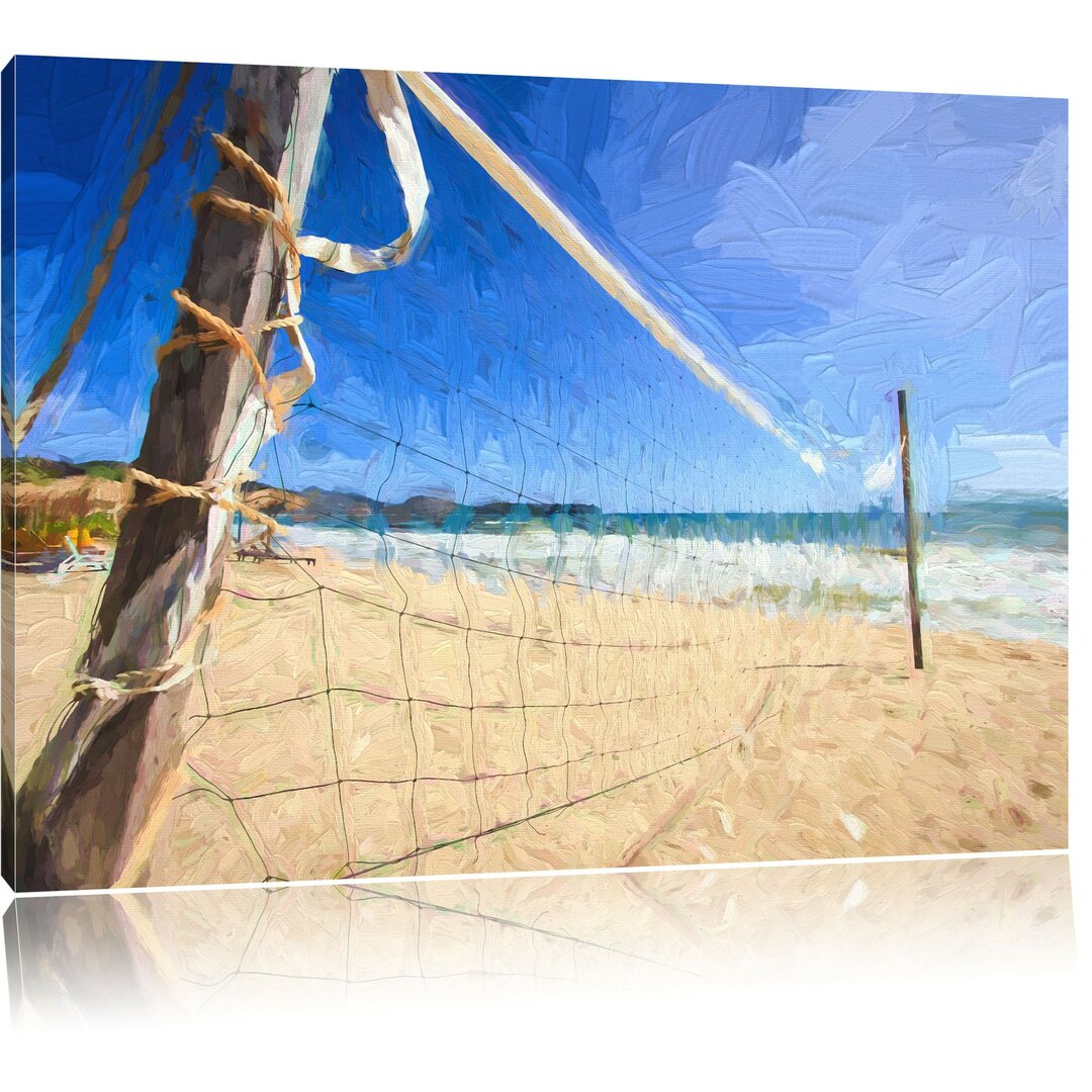 Leinwandbild Volleyballnetz am Strand in Blau/Beige