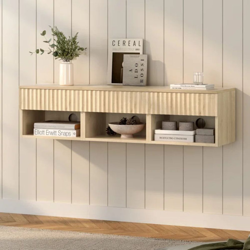 Drawer Wall-Mounted Nightstand With Open Cubby, Set of 3, Light Oak