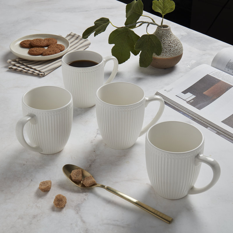  4-Piece Embossed White Stoneware Mug Set