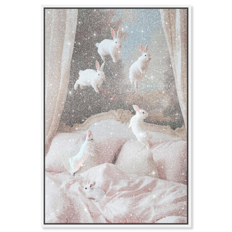 Oliver Gal Leaping Bunnies Animals - Diamond Dust Framed Canvas Art, 24" H x 16" W, White