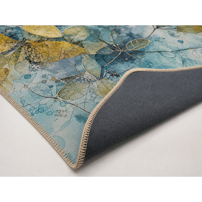 Ice Blue And Yellow Themed Floral Decorative Washable Rug, Rectangle 2'4" x 4'