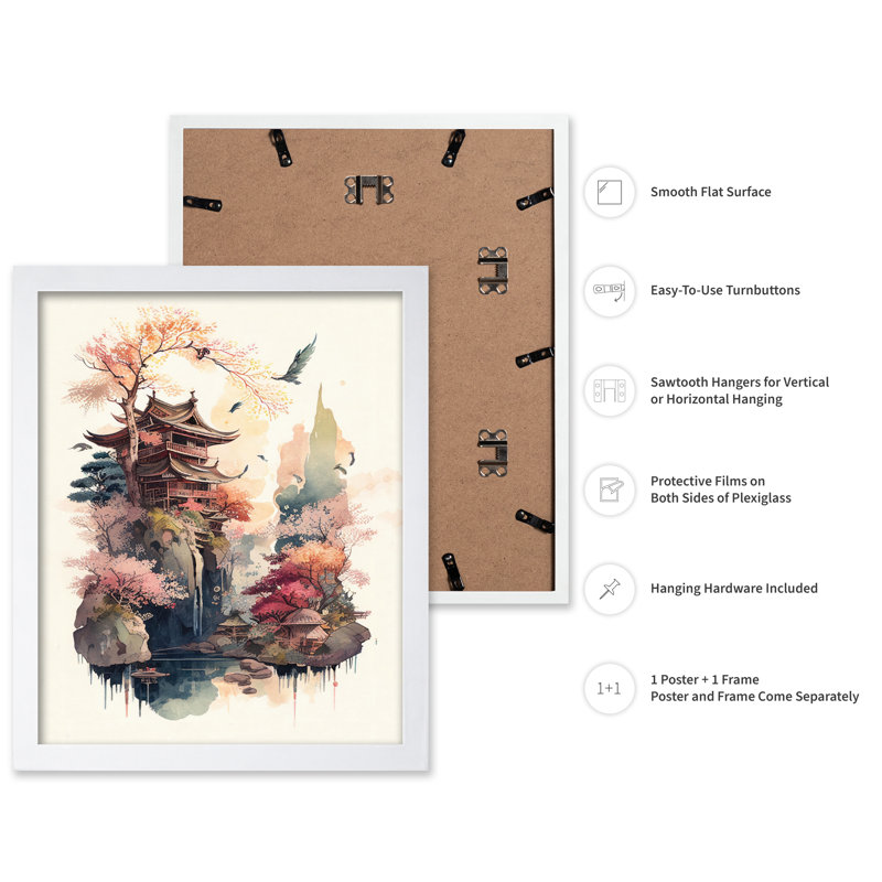 Aquarelle pagode japonaise, H 16 po x l 20 po, Affiche, Encadrement blanc