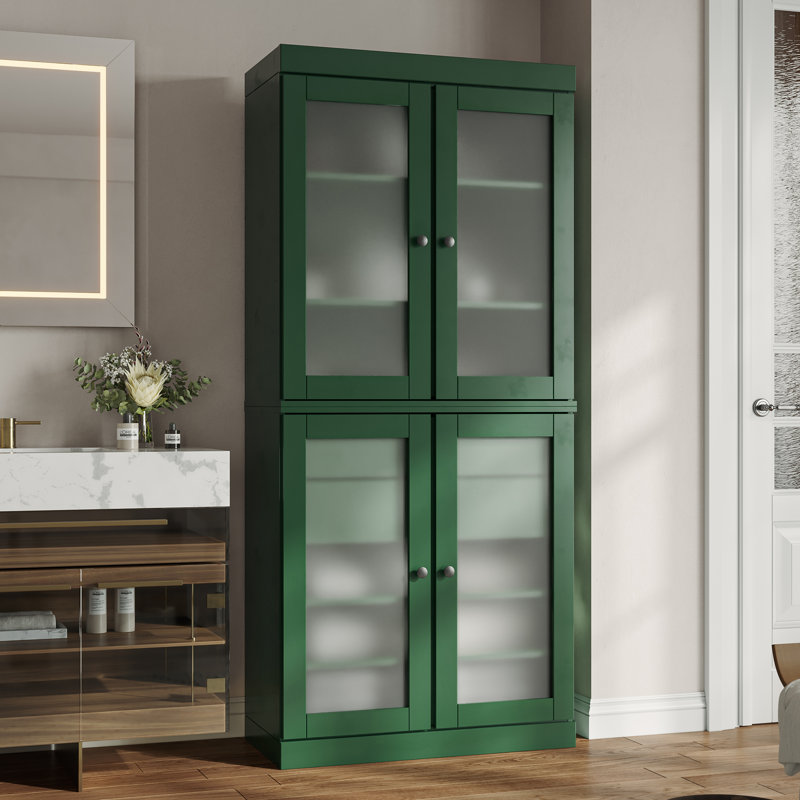 Armoire de rangement autoportante en bois massif l 32 po x H 71,5 po avec portes en verre givré, 2 tiroirs et tablettes réglables - Organisateur de salle de bain moderne
