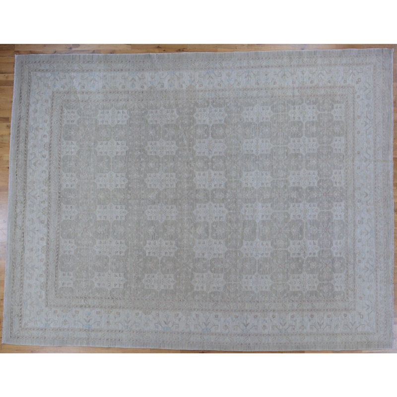 Tapis unique en laine noué à la main beige / taupe / écru de 9 pi 11 po x 12 pi 11 po