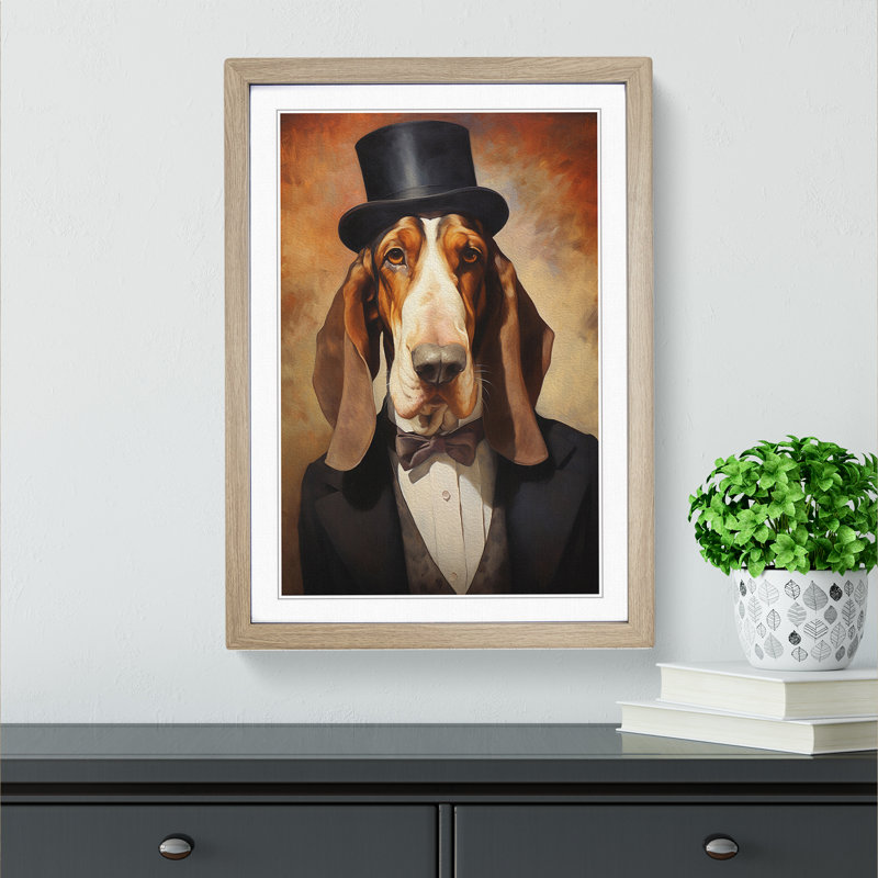 Basset Hound Impressionism - Framed Print, 46cm H x 34cm W, Oak Framed