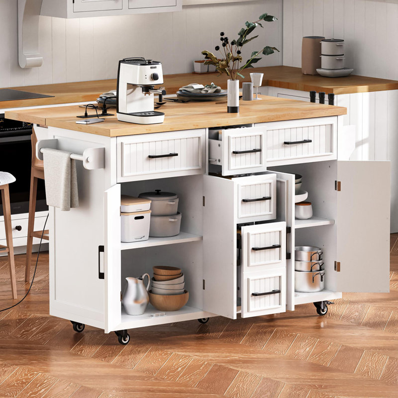 Îlot de cuisine 56,5 po avec rallonge, prise de courant, chariot de cuisine sur roulettes à rayures verticales en relief avec 4 portes, 5 tiroirs profonds et tablettes réglables, pour la cuisine, la salle à manger