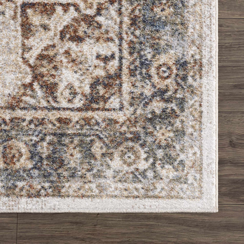 Light Blue and Beige Synthetic Washable Rectangular Area Rug