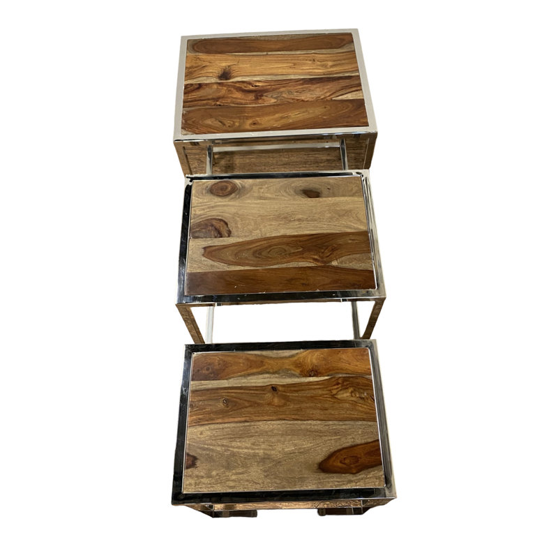 Ensemble de trois tables gigognes en bois massif argenté et brun de 21 po