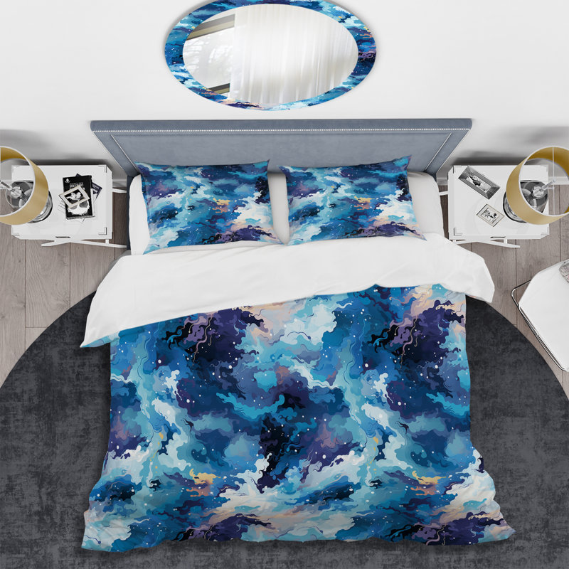 Blue Celestial Aura Camouflage Abstract Duvet Cover, King Duvet Cover + 2 King Shams