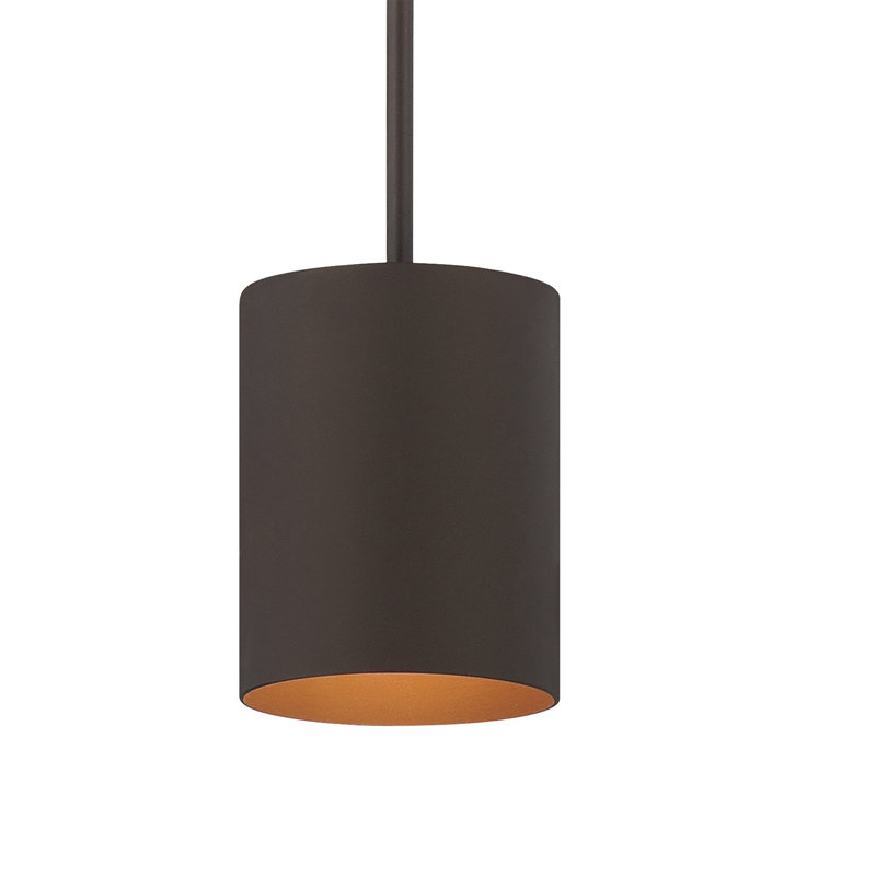 1-Light Integrated LED Indoor or Outdoor Antique Bronze Aluminum Mini Cylinder Downrod Pendant,  6.75" H x 5'' W x 5'' D