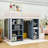 Full Size Loft Bed with 2 Four-layer Storage Cabinets and Curtain,White+Blue