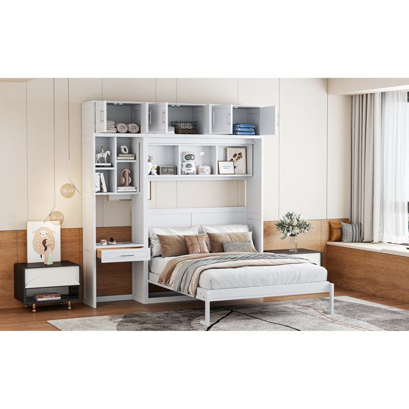 Full Size Wall Murphy Bed With Desk, White