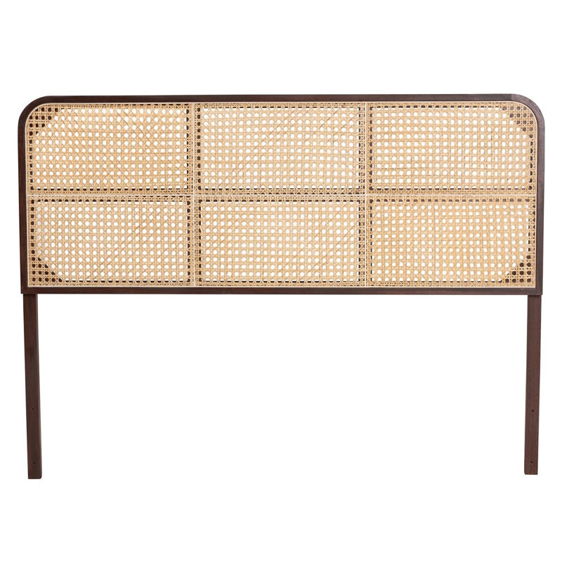 Grande tête de lit moderne moderne en bois brun foncé et bambou naturel de style bohémien