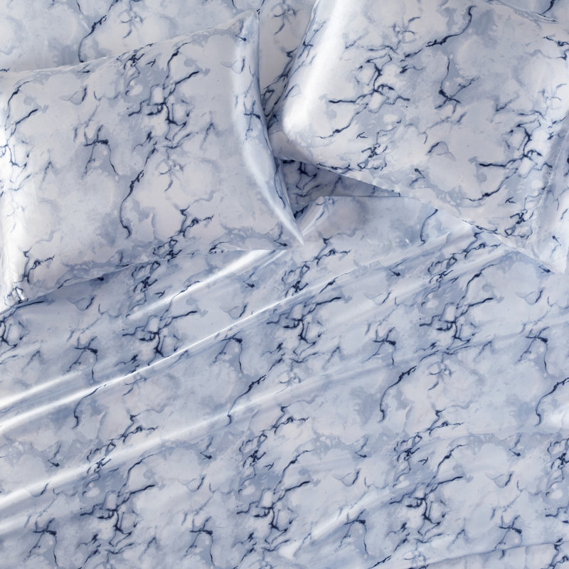 Ensemble de draps de luxe imprimés en satin infroissable, Ensemble de draps pour grand lit avec 2 taies d'or, Marbre bleu
