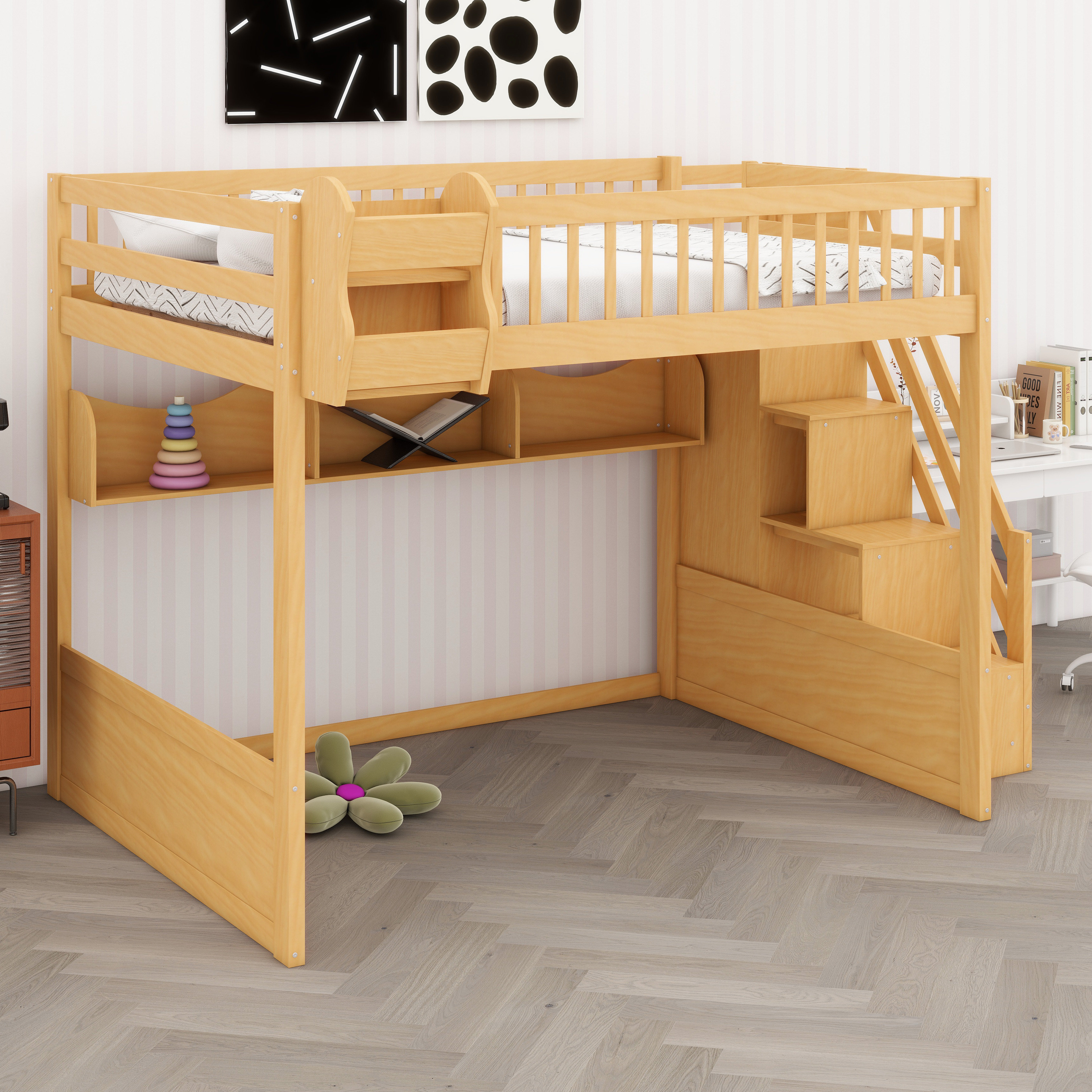 Ebern Designs Wooden Loft Bed With Staircase And Wardrobe | Wayfair