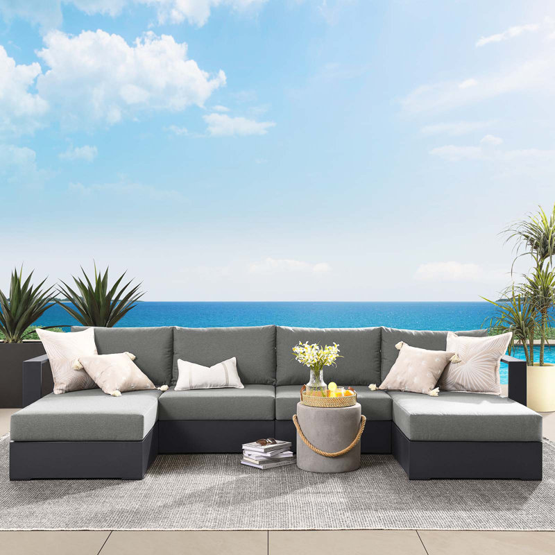 Modway Tahoe 132" Wide Outdoor U-Shaped Patio Sectional with Cushions, Charcoal