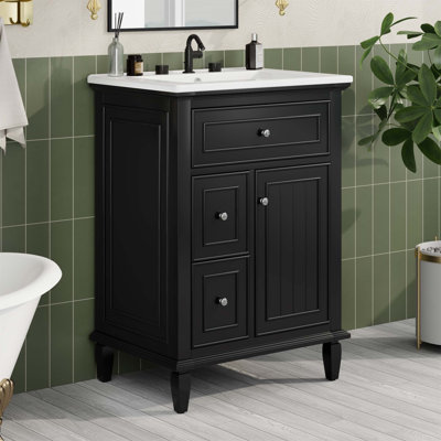 Meuble-lavabo de 24 pouces avec lavabo, tiroir rabattable et tablette réglable, bois massif et panneau de fibres à densité moyenne, conception moderne pour un rangement efficace