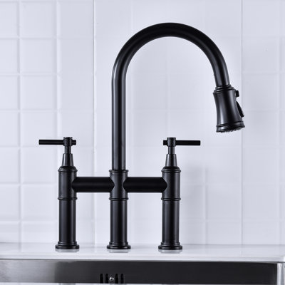 Matte Black Pull-Down Kitchen Faucet - Dual Handles For Precise Temperature And Flow Regulation 360-Degree Rotating High Nozzle Enlarged Cleaning Reach Brass Made Durability Bridge Efficient Handle