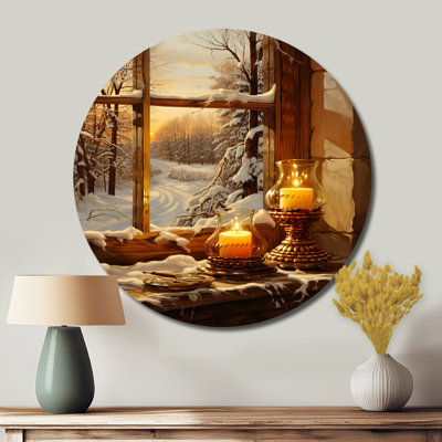 Vue de fenêtre de Noël d'hiver II - Paysages, art rond en métal
