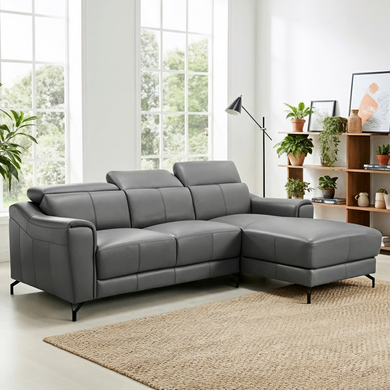 Locke 103.9" Genuine Leather Square Arm Sectional Sofa with Right Chaise, Gray Genuine Leather, Right-Hand Facing
