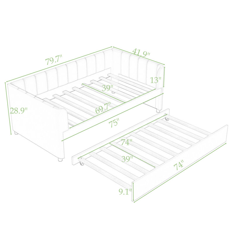 Twin Upholstered Daybed with Backrest and Trundle, Beige