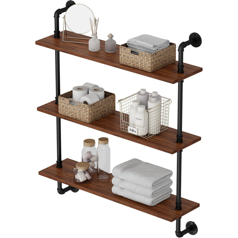 3-Tier Industrial Pipe Floating Shelf – Rustic 30 inch Wood Wall-Mounted Storage Shelf