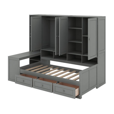 Twin Size Wooden Daybed With Drawers, Desk And Shelves