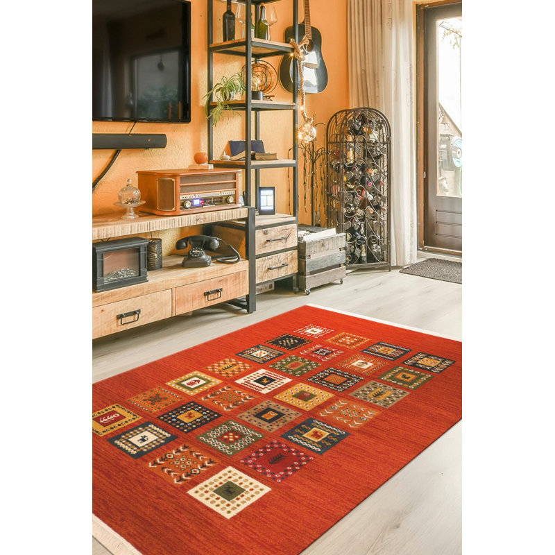 Wool Geometric Area Rug in Red