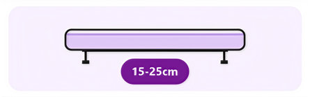 A horizontal rectangular frame with a light purple interior supported by two small stands, with a purple label below indicating a dimension of 15-25cm.