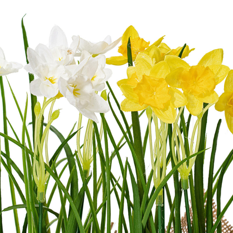 10'' Yellow and White Artificial Daffodil Burlap Potted Arrangement