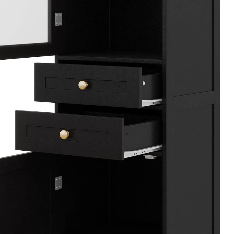 63 Inch Bathroom Storage Cabinet With Adjustable Shelf, Freestanding Storage Cabinet With 2 Drawers, Glass Doors, Black