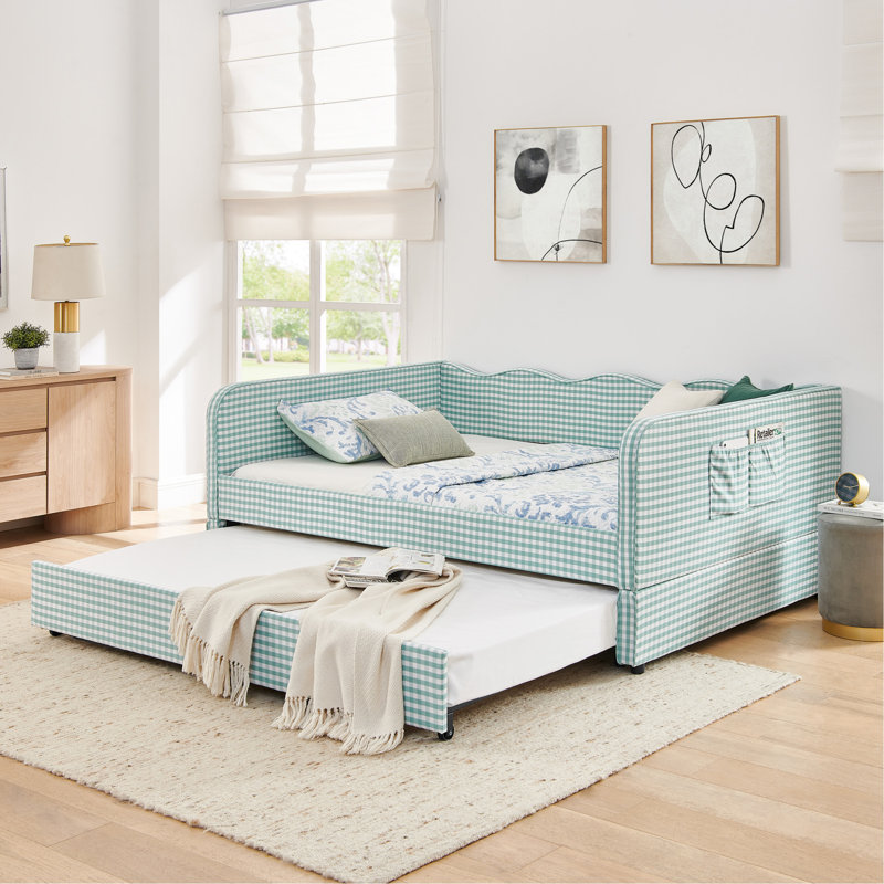 Full‑Size Daybed, Gingham Upholstered 3‑in‑1 Versatile Convertible Sofa Bed with Pull‑Out Trundle & Side Storage Pockets, Ideal for Multiple Room Layouts and Small‑Space Living-CYAN