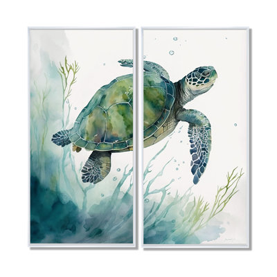 Aquarelle, tortue nageant II - Tortue, reproduction d'art sur toile encadrée