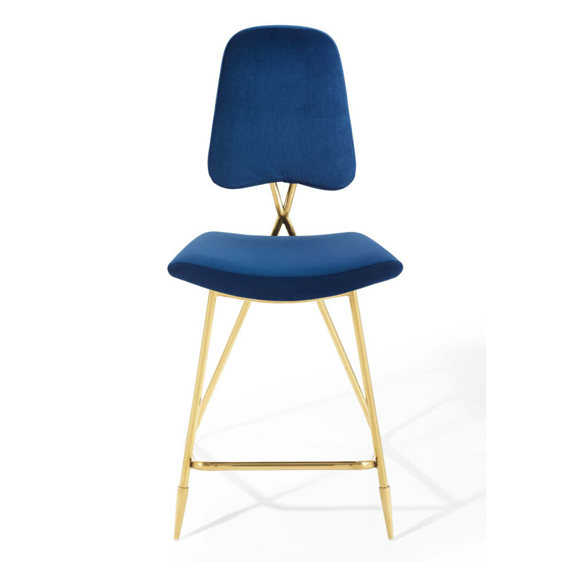 Navy Velvet Upholstered Counter Stool with Gold Stainless Steel Legs