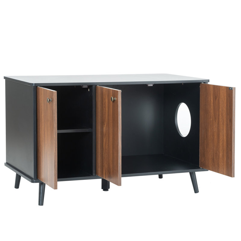 Litière pour chat avec tablette, 3 portes, - taille trou, plateau de table rond, noir et noyer