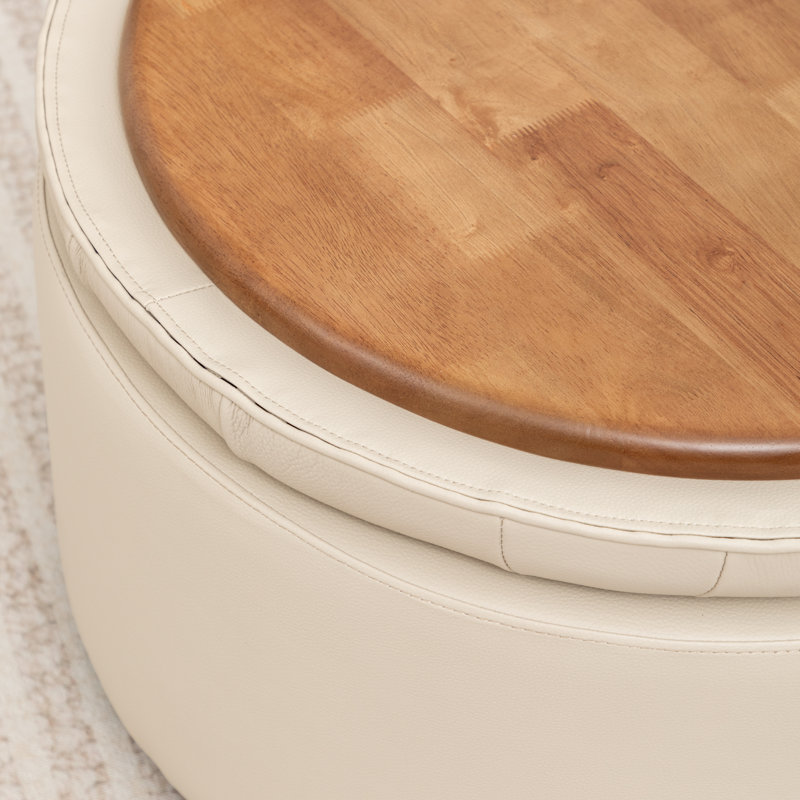 Repose-pieds de rangement en cuir véritable d'une largeur de 27,5 po avec deux coussins de sol, Beige