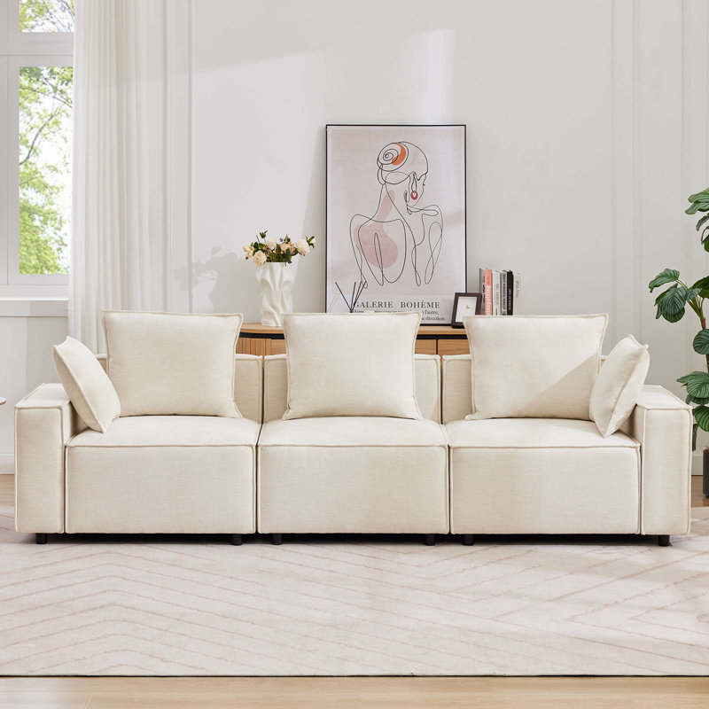 Makassar 108" Upholstered Sofa Modular Sectional With Pillows, Beige Chenille