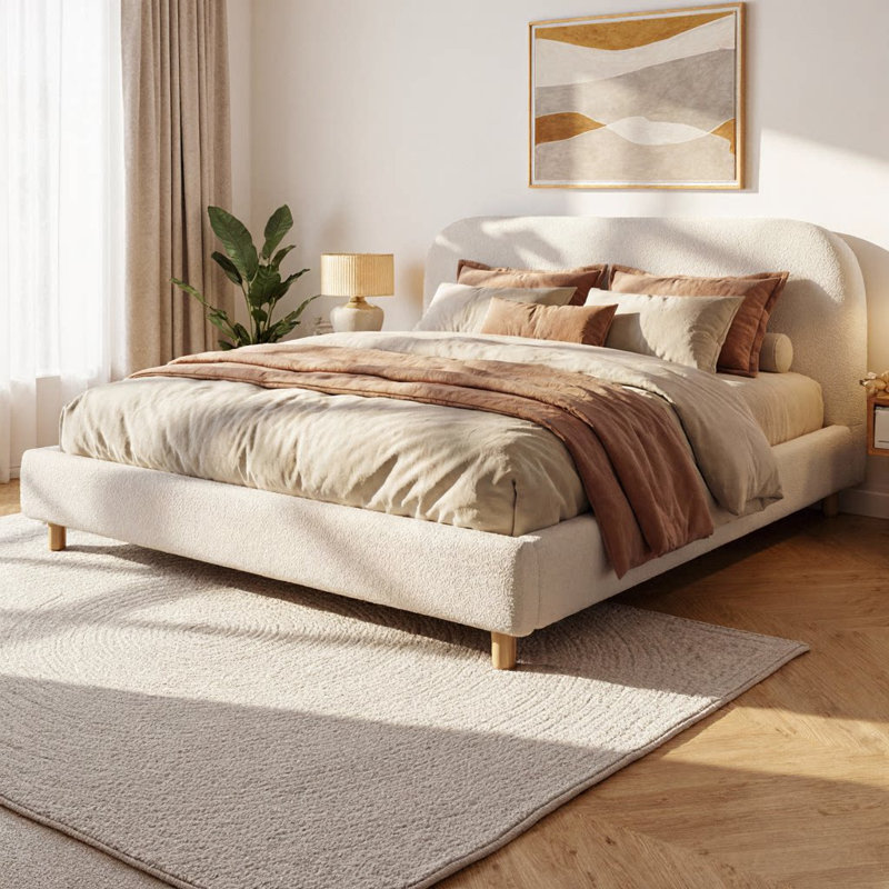 California King Upholstered Platform Bed with Curved Boucle Headboard, Modern Minimalist Design, Thick Padded Frame, Solid Wood Legs, No Box Spring Needed, 800 lb Capacity