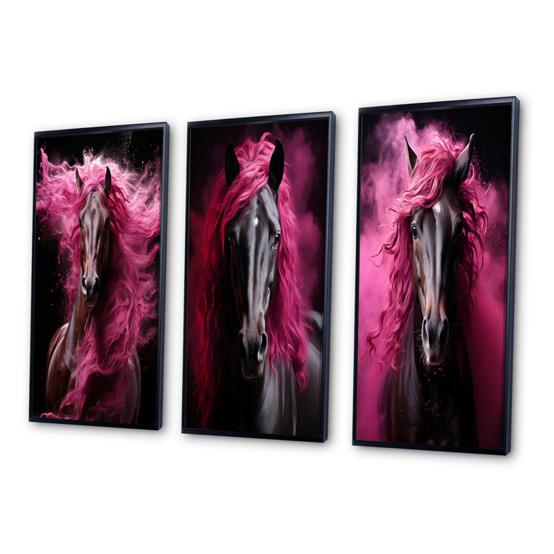 «Black Pink Horse Vibrant Equine», 3 pièces sur toile, Cadre noir, H 20 po x l 36 po