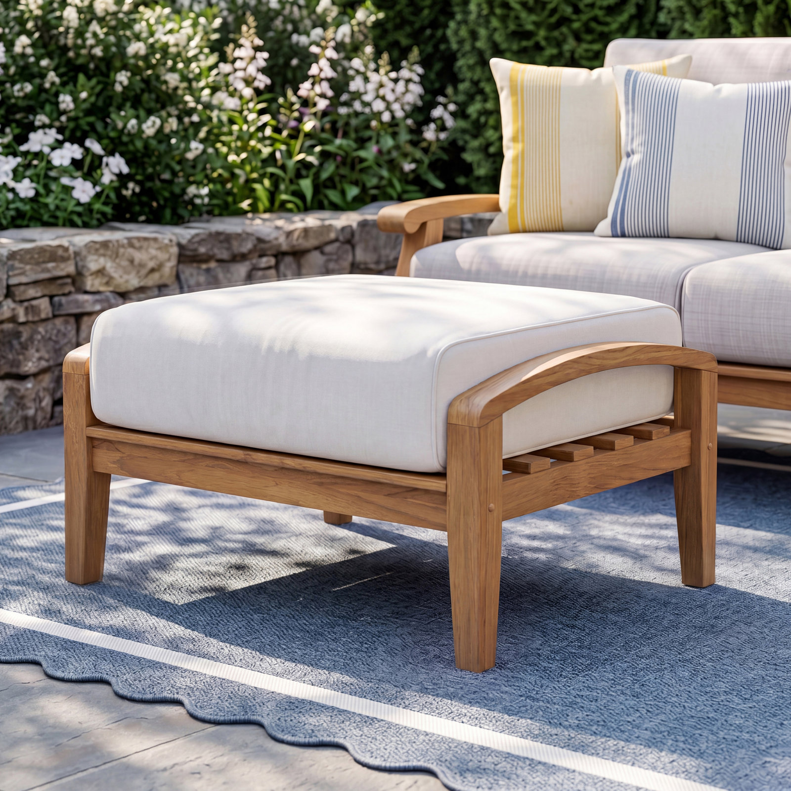 Summerton Upholstered Outdoor Ottoman with Cushion, Beige, Natural