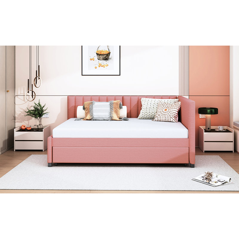 Lit de jour rembourré en lin rose avec lit gigogne, sans sommier pour un cadre de lit merveilleux, Pink