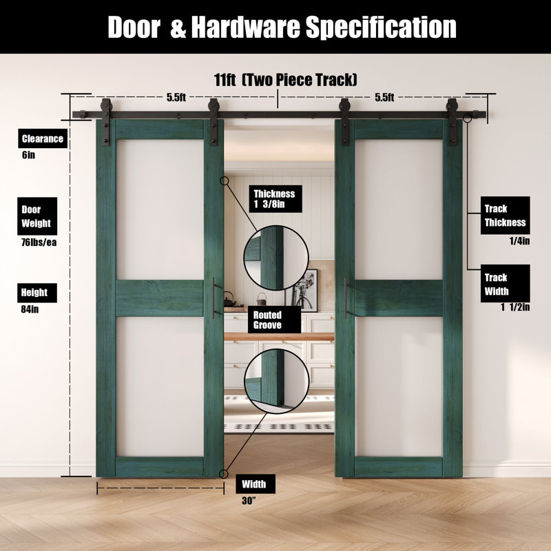 Portes de grange non assemblées et finies en verre à 2 verres de 30 po x 84 po Homquer Royal Pine, 30 po x 84 po