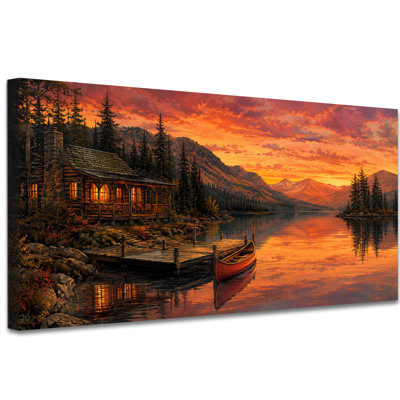 Tableau sur toile représentant un chalet au bord d'un lac, très grand format, paysage d'automne avec quai et barque, d'inspiration impressionniste rustique, idéal pour la maison, un chalet ou un bureau. Prêt à accrocher, 61 x 122 cm.