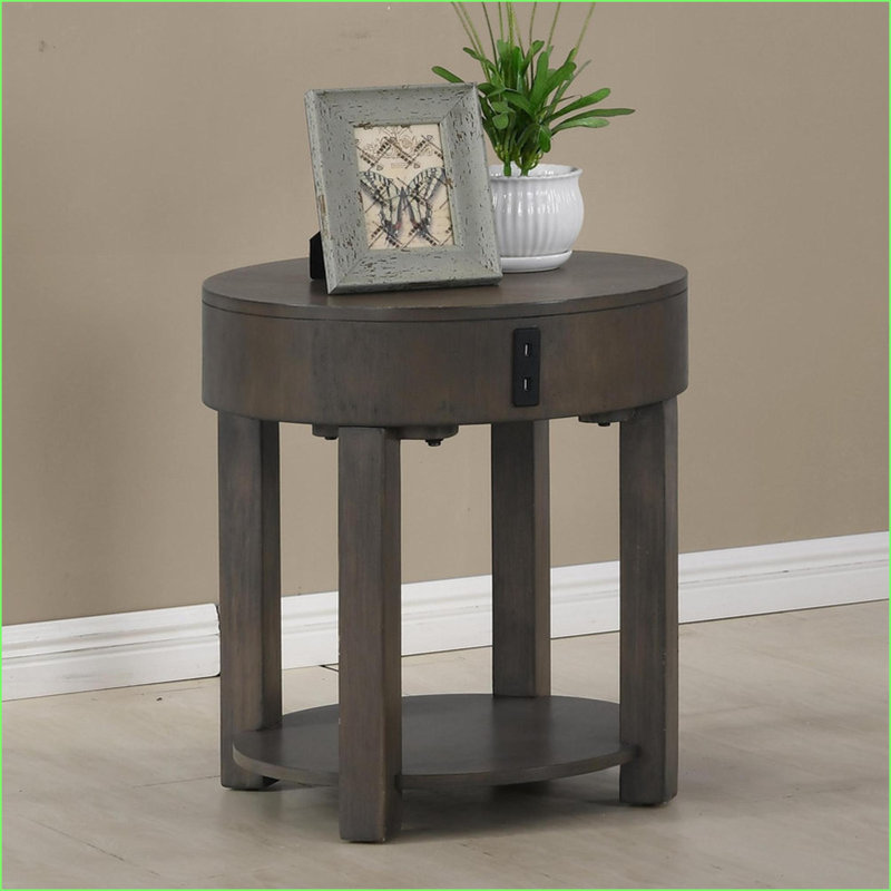 Table basse en MDF brun clair de 20 po avec plateau rond, tablette inférieure et amp; Ports de chargement USB