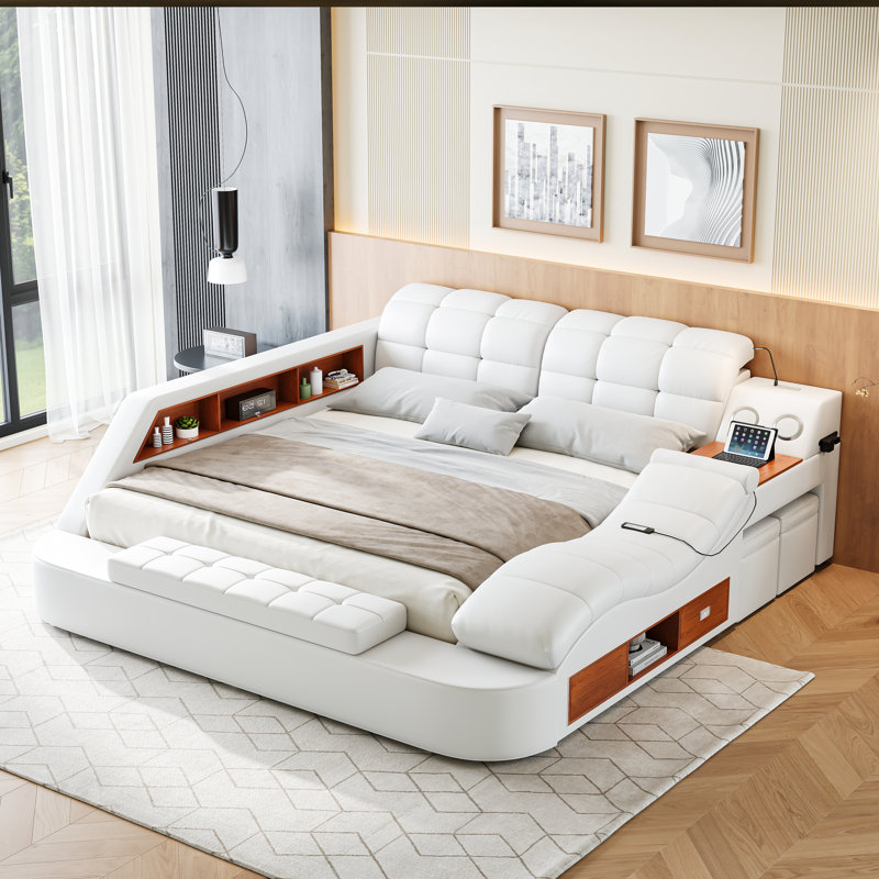 Multi-Functional Bed, Solid Wood Frame and Faux Leather Upholstery, Remote-Controlled Massage Recliner on the Right, Modern LED Lights, Bluetooth Speakers, USB Charging Ports, Adjustable Backrest