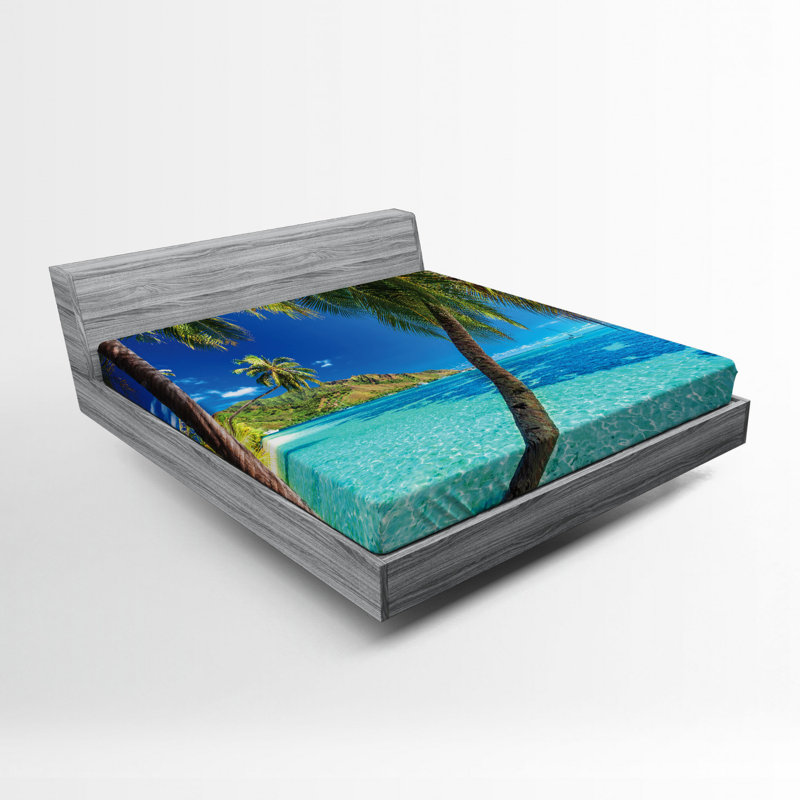 Tropical Palm Trees Sea and Beach Microfibre Jersey Knit Fitted Sheet, European Kingsize (160 x 200cm)