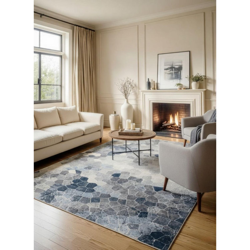Rug Branch Joni 2' x 12' (2'3" x 12')  Blue/Beige Stone Mosaic Indoor Runner Rug, Contemporary, Low Pile, Stain-Resistant Hallway Carpet - Entryway, Mudroom, Bedroom, and Kitchen
