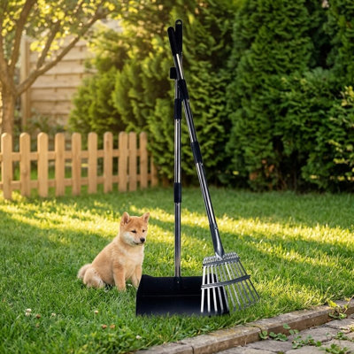 Outil de nettoyage de poils en métal robuste pour grands chiens, plateau à long manche et râteau, outil de nettoyage des déchets pour animaux pour la cour, l'herbe, la rue, le gravier