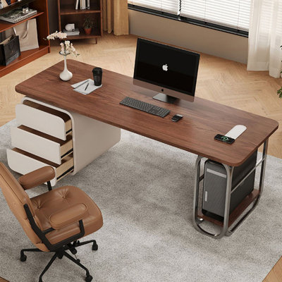 Bureau à 3 tiroirs brun noisette + blanc + argent manufacturé rectangulaire + acier inoxydable