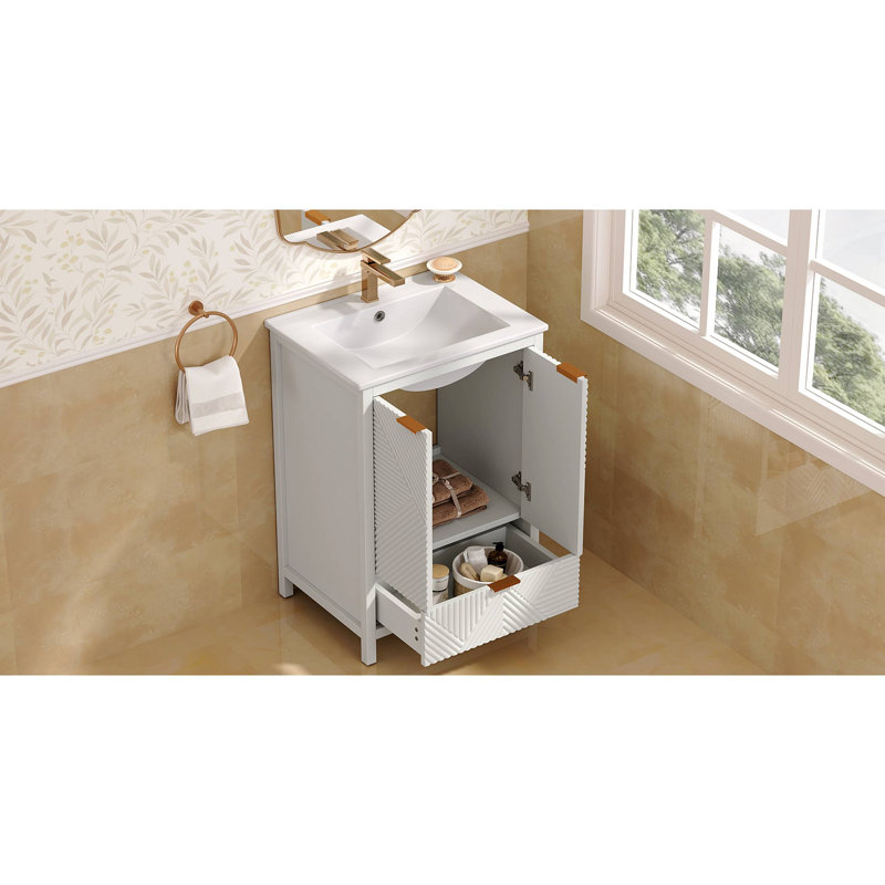 Meuble-lavabo 24 po avec lavabo combiné, meuble-lavabo moderne avec trou de robinet simple, panneaux de porte texturés et tiroir, grand espace de rangement et charnières à fermeture en douceur